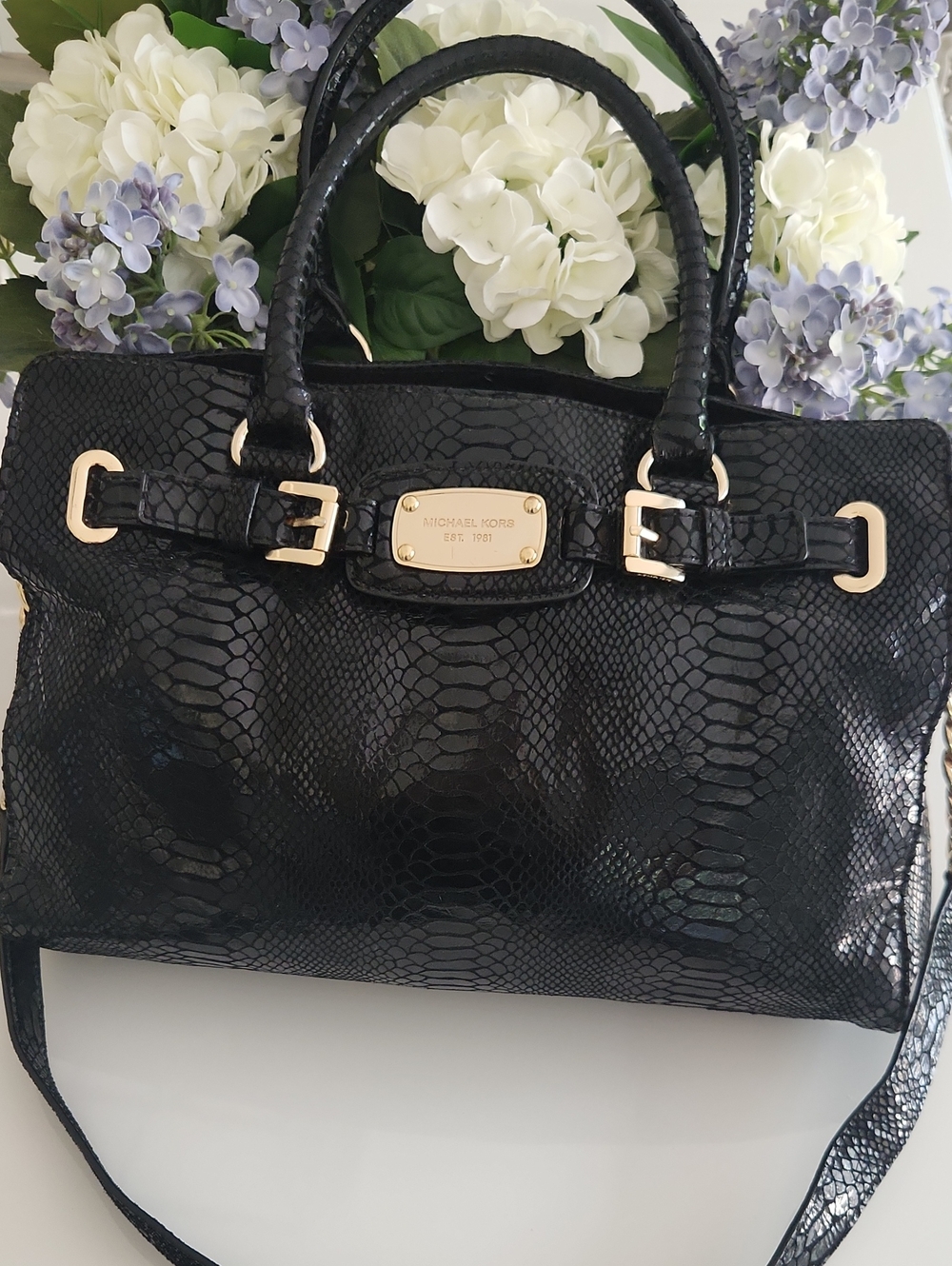 Michael Kors Black Snake-Embossed Tote with Gold Hardware..Stunning Large Bag!